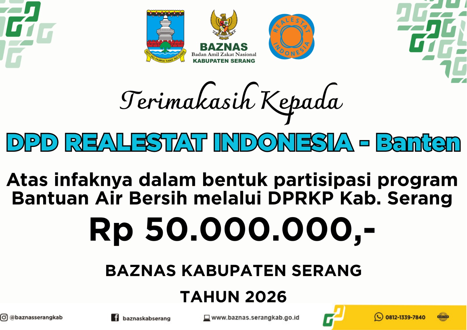 Atasi Kekeringan di Kabupaten Serang, DPD REI Banten dan DPRKP Gandeng BAZNAS Salurkan Bantuan Air Bersih